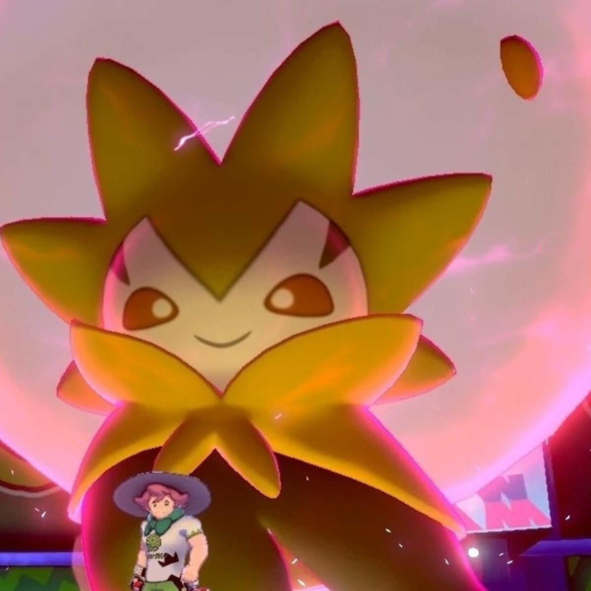 Milo dynamaxes his Eldegoss, leaving the Pokemon towering above their foes