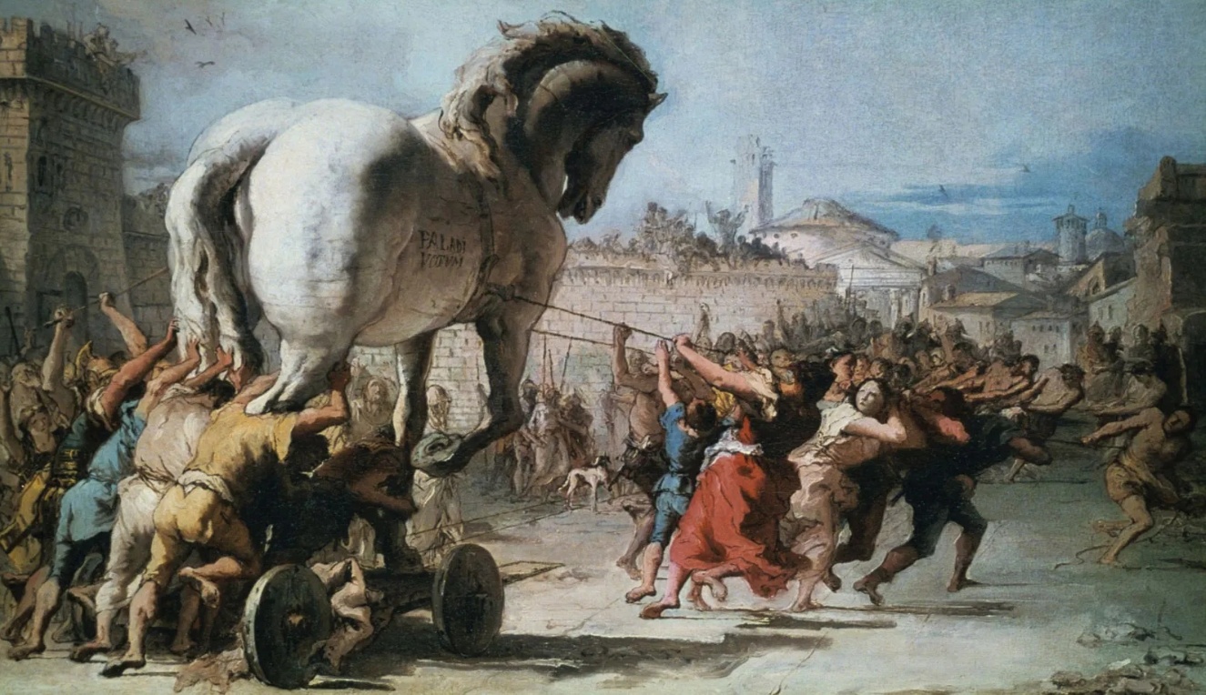 The Greeks disguise their war efforts by hiding in the Trojan Horse, waiting until the Trojans are off guard