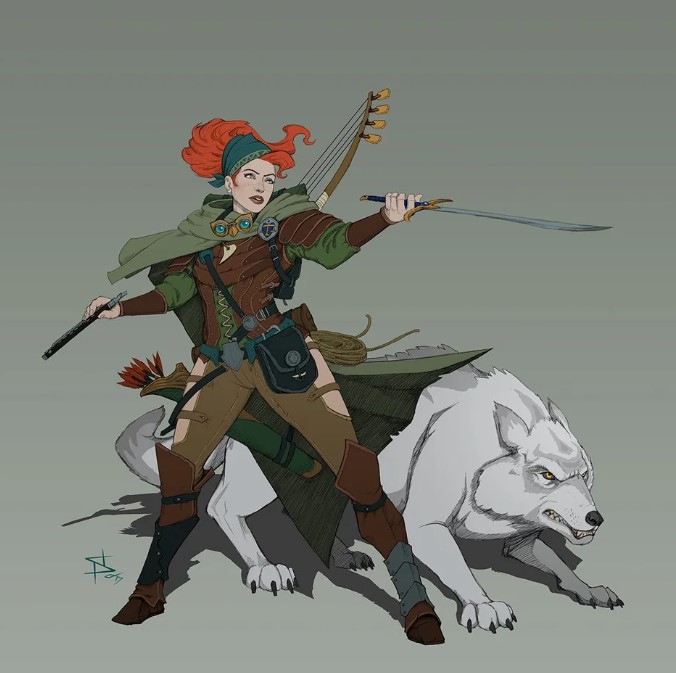 Ranger bard with a harp bow stands besides wolf