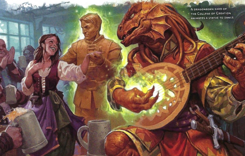 A bard sorcerer plays to a inn of happy people