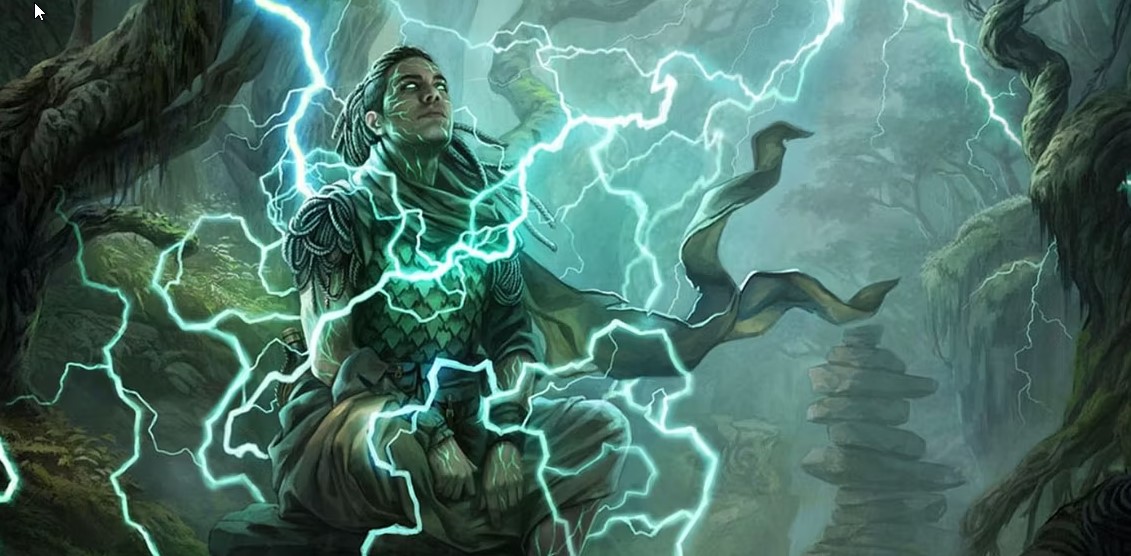 Warlock cleric sits and meditates with lightning