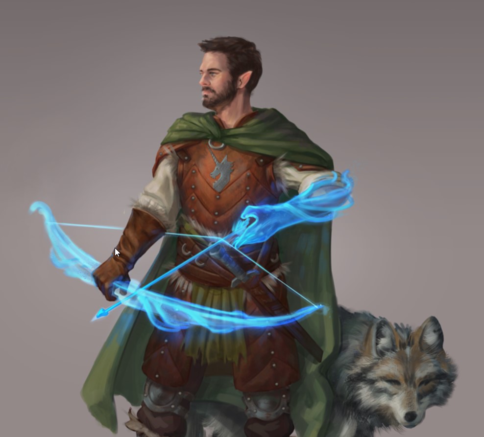 Warlock Ranger standing with animal companion and spellcasting