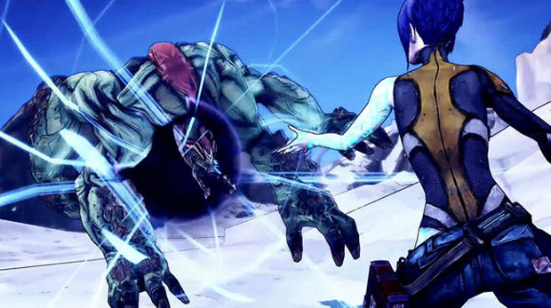 Maya in a snowy landscape, using her phaselock to keep an enemy midair. 