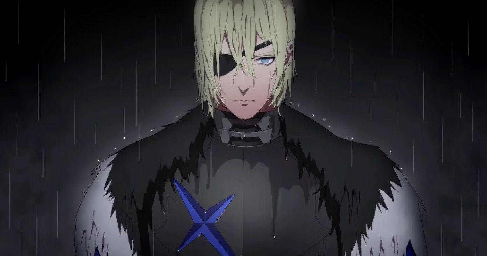 Dimitri frowning in the rain.