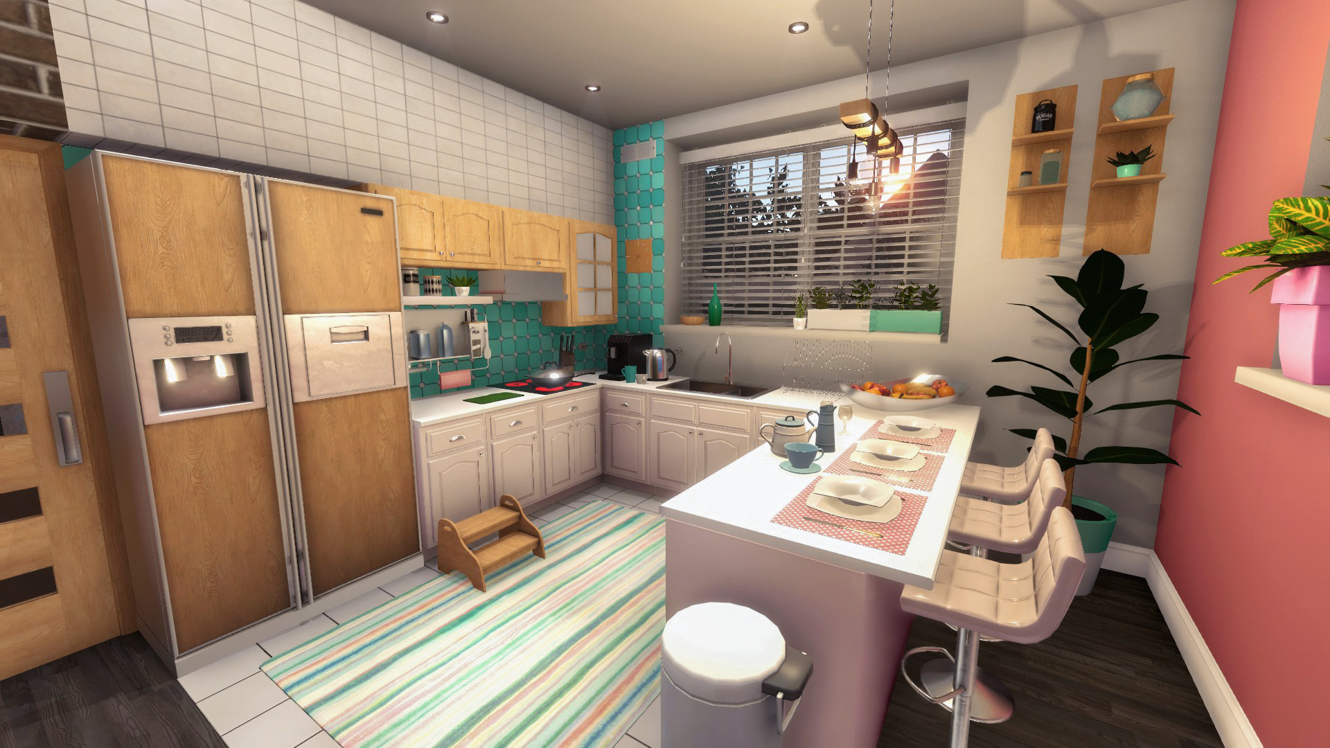 A fully decorated and furnished kitchen.