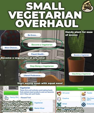 This mod takes away the choice of making vegetarianism a LITERAL personality trait.