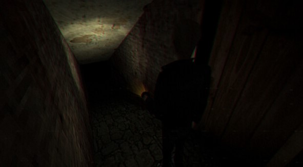 A screencap from the game Cannibal Abduction. Your character is standing at the end of a hallway and shining a light down it.
