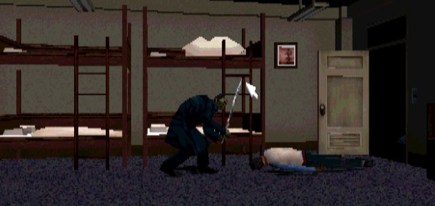 It's a screencap from the game Clock tower, where it looks like a killer is standing over a dead body in a bedroom with two bunk beds.
