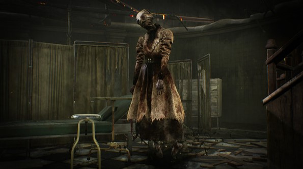 A screencap from the game "Dead By Daylight," of one of the killers is hanging and the room you're in looks like an infirmary.