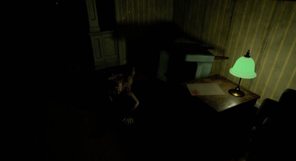 A screencap from the game "DEVOUR" where you're standing in an office looking area and something is crawling toward your feet.