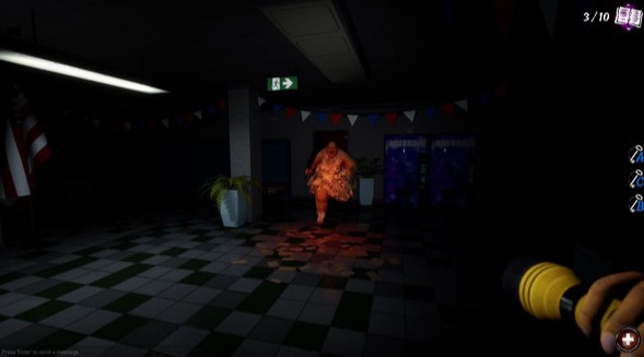 A screencap of the game "Lunch Lady" where your character is holding a flashlight and the monstrous lunch lady is coming after you.