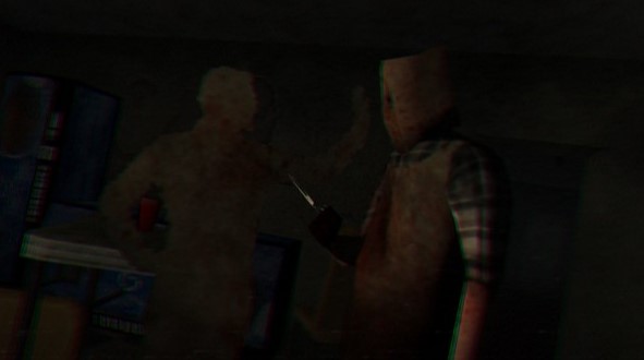A blurry screencap of a killer with a brown cloth over his head, holding a pair of scissors. There's another person completely made of static standing next to him.
