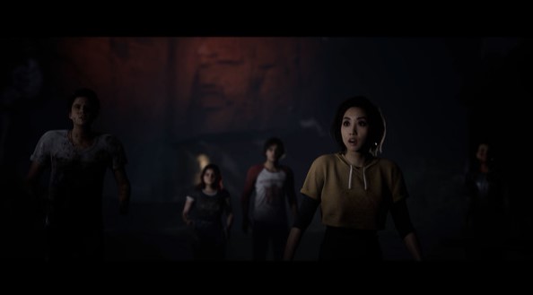 A screencap from the game "The Quarry" where a group of teens are together and staring at something in the distance.
