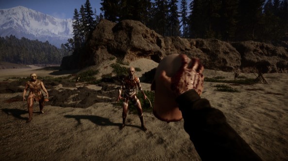 A screencap from the game "Sons of the forest" your character is holding out what seems to be a severed head to disturbing humanoid creatures.