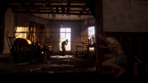 A screencap from the game "Texas Chainsaw Massacre" where one of the victims is hiding from the killer in the next room.