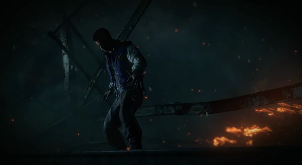 A screencap of Josh from Until Dawn standing on metal beams that seem unstable.