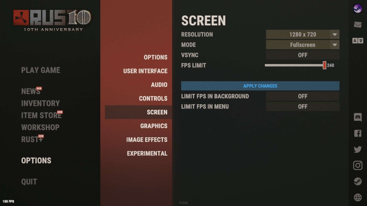 Снимок экрана, показывающий меню настроек в Rust, показывающее различные настройки вашего экрана.