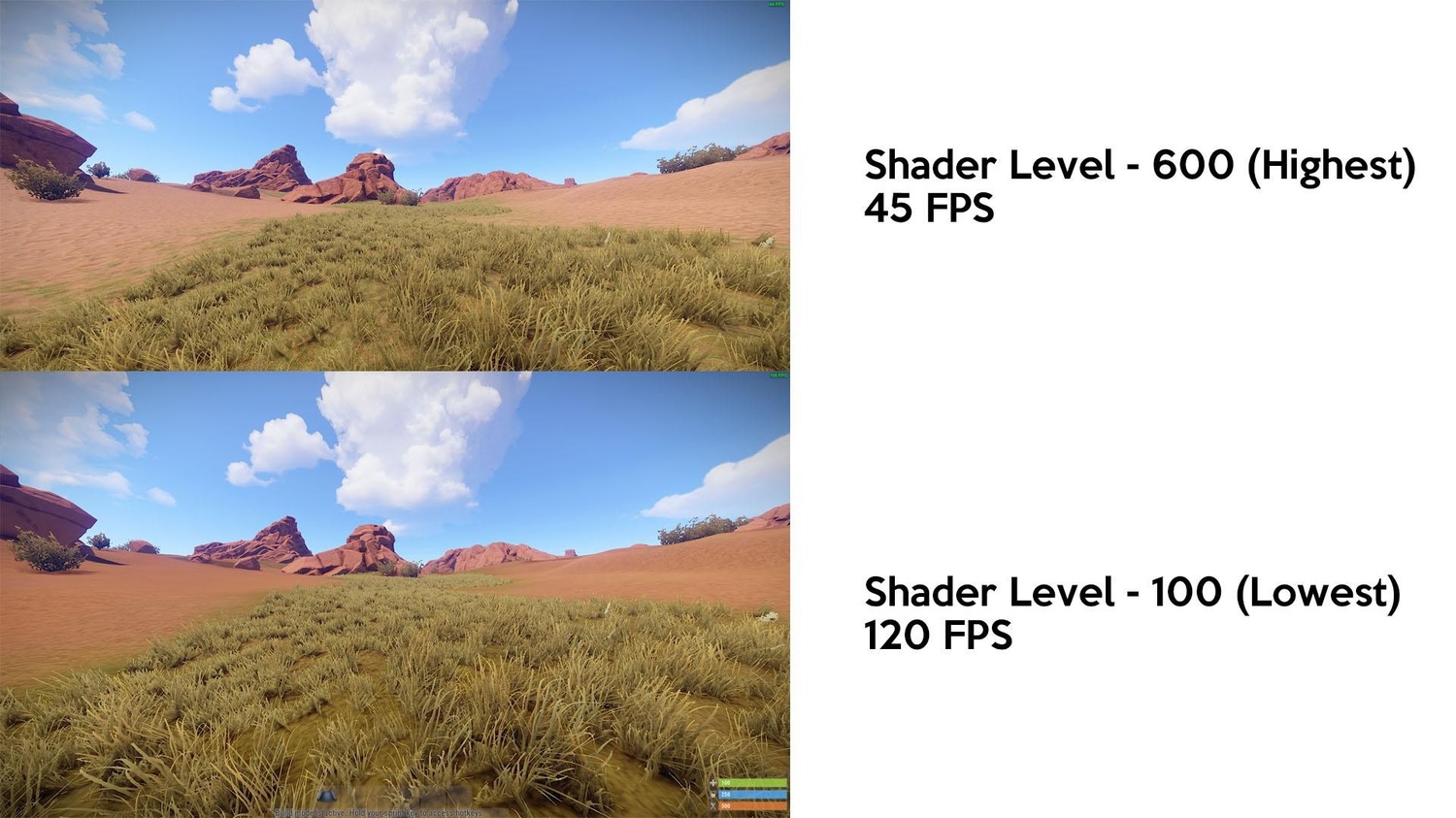 Сравнение различных уровней шейдеров в Rust с соответствующей частотой кадров.