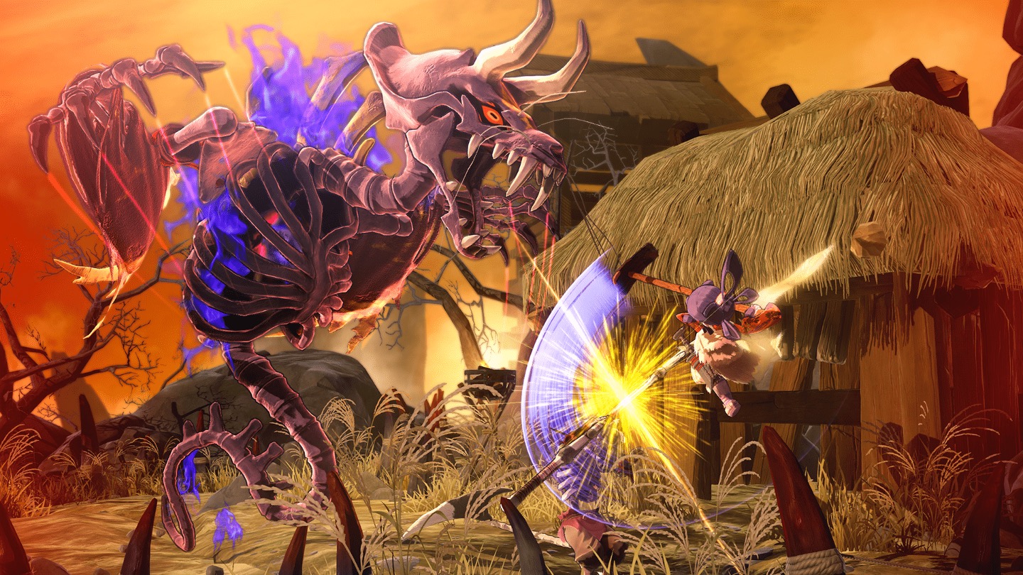 Sakuna battling a boss demon