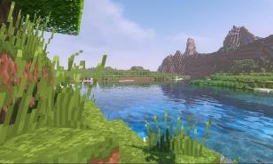 A beautiful lake under Minecrafts blue sky 