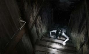 Ghost woman crawling up the dark stairs in a basement.