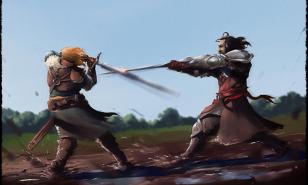 Two warriors clash swords in the mud in the middle of a bright sunny day.
