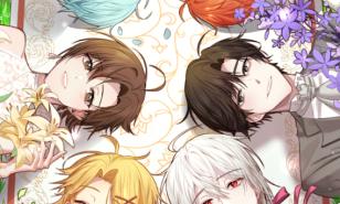 All of the love interests of Mystic Messenger presenting color-coded flowers to players during the January Home Screen change. 