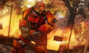 Red power armor against an explosion 