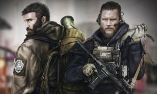 The imagery from the game's launcher which features two PMCs of opposing factions.
