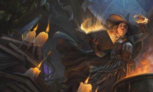 Sorcerer surrounded by cauldrons and reading from magic book