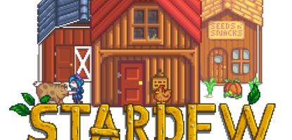 Stardew Valley logo with modded buildings above