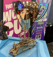 Incredibly cool Fortnite World Cup Trophy, awaiting the victor of the World Cup.