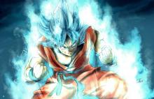 Goku charging up god mode in blue energy flash