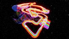 Birds eye view of a perfect recreation of Rainbow Road from Mario Kart.