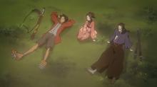 Mugen, Fuu, and Jin lie casually in a field.