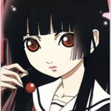 A photo of Ai Enma holding a cherry, it matches the color of her eyes.