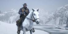 Arthur riding his White Arabian through the snowy mountains of Ambarino