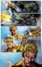 As Aquaman stops a group of bank robbers, one of the thieves gets bold and fires his weapon at the hero. One bullet hits Arthur in the head, and he gets understandably upset. 