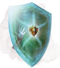 Bright blue shield with hand casting behind