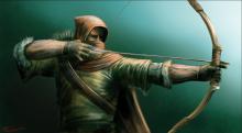 A hooded archer draws back on his short bow