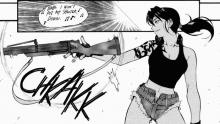 This features Revy from Black Lagoon, preparing to deliver a shot by her gun