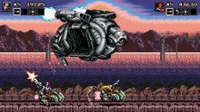 The protagonists of Blazing Chrome making their escape from a giant robot craft.
