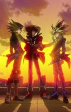 Yugi Muto, Jaden Yuki, and Yusei Fudo stand in the sunset, having united to save the world.
