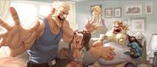 A screenshot of Brigitte with her family and close friend Reinhardt from her announcement trailer.