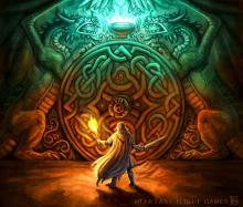 A portal is sealed by a stone door, an eager explorer holding a torch waiting to enter in front. Illustrated by Feliciacano.