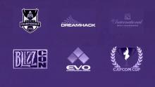 Events supported by Twitch. Primarily MOBA tournaments. From top left to top right; League of Legends 2014 World Championships, the Dreamhack gaming festival, and DOTA 2's World Championship. From bottom left to bottom right: Blzzards Convention, EVO Championship (a fighting tournament), and Capcom's Cup, another fighting tournament.