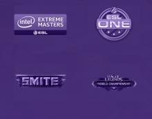 Events supported by Twitch, again primarily MOBAs. From left to right, then top to bottom: Intel's Electronic Sports League, the ESL ONE League, SMITE, and League of Legend's 2015 Championship Icon.