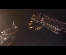 A heavy cruiser in Elite Dangerous fires a missile salvo at an enemy battleship.