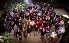 The Bethesda team takes a photo following the end of Fallout 4’s production cycle.