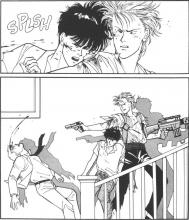 Ash protects Eiji from danger.